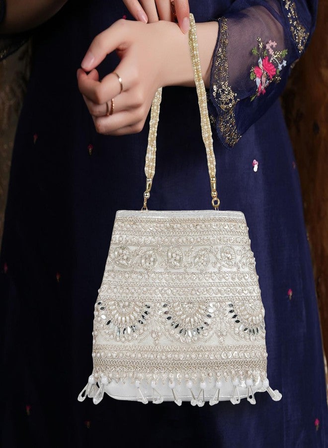 Nevis Stylish Embroidery Unique Design Traditional Wedding Party Handheld Potli Bag For Women (SILVER) - Image 2
